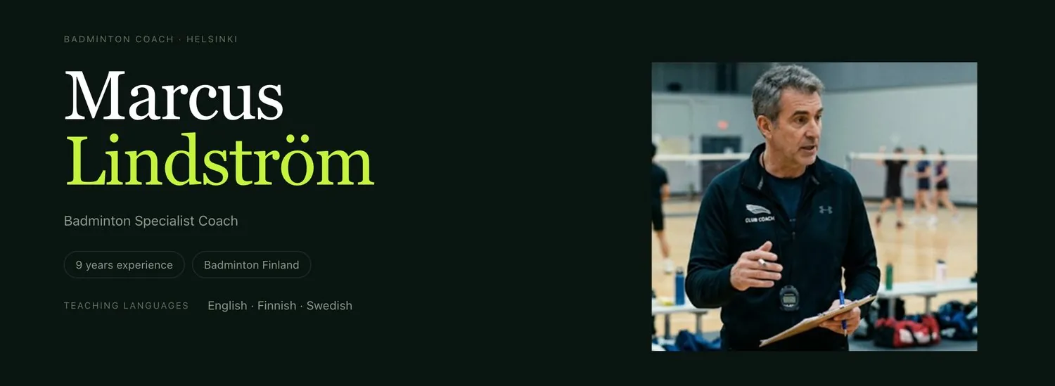 An example coach card: the coach's name, sport, experience and teaching languages beside their photo.