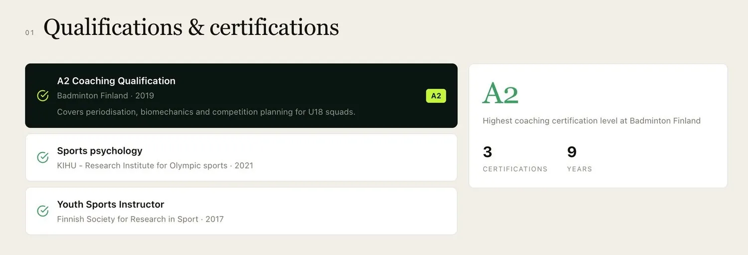 Example coach card section listing qualifications and certifications, with the coach's highest level, number of certifications and years of experience.
