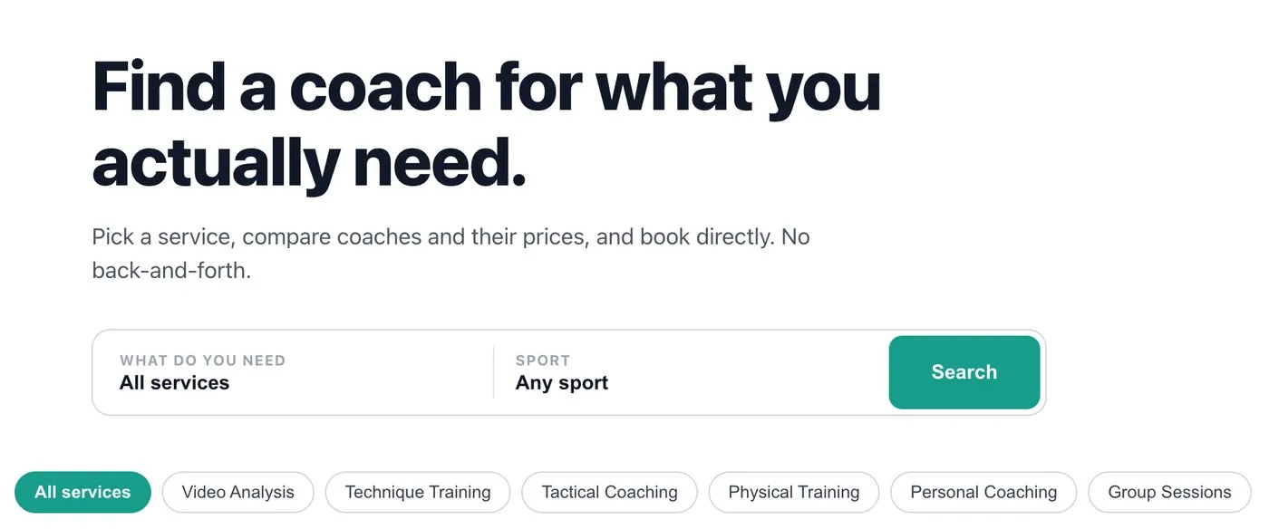 Asten search: 'Find a coach for what you actually need', with service and sport selectors and filter chips for Video Analysis, Technique Training, Tactical Coaching, Physical Training, Personal Coaching and Group Sessions.