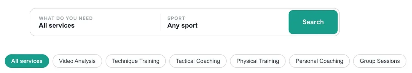 Asten search: pick a service and a sport, with filters for video analysis, technique training, tactical coaching and more.