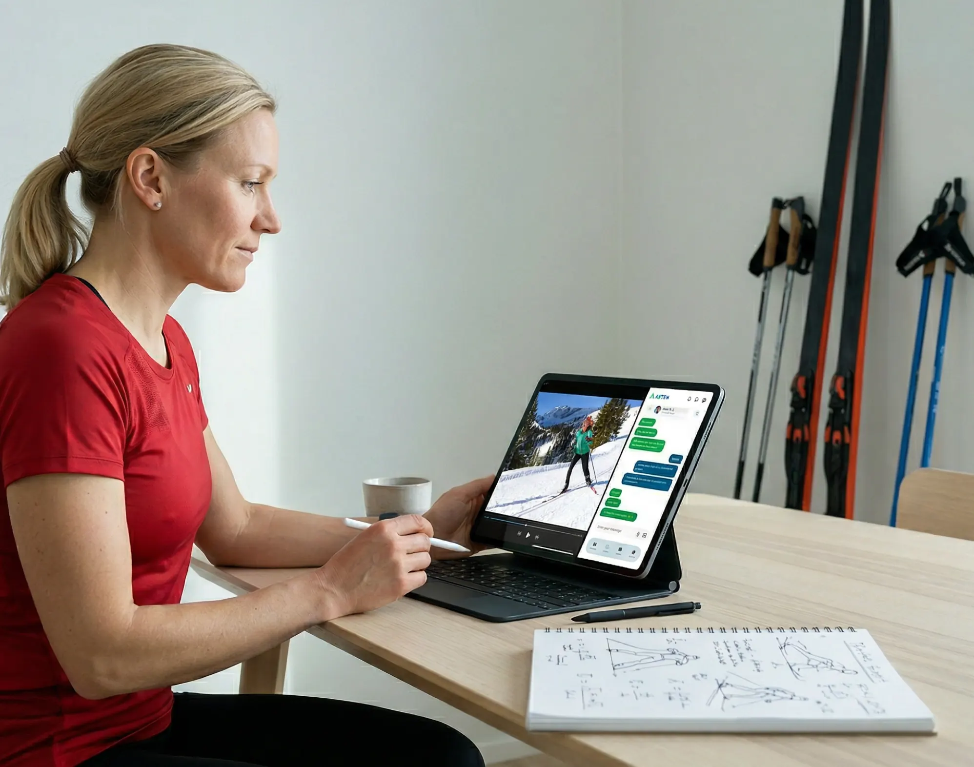 An athlete at home reviewing a skiing video on a tablet, with training notes beside her.