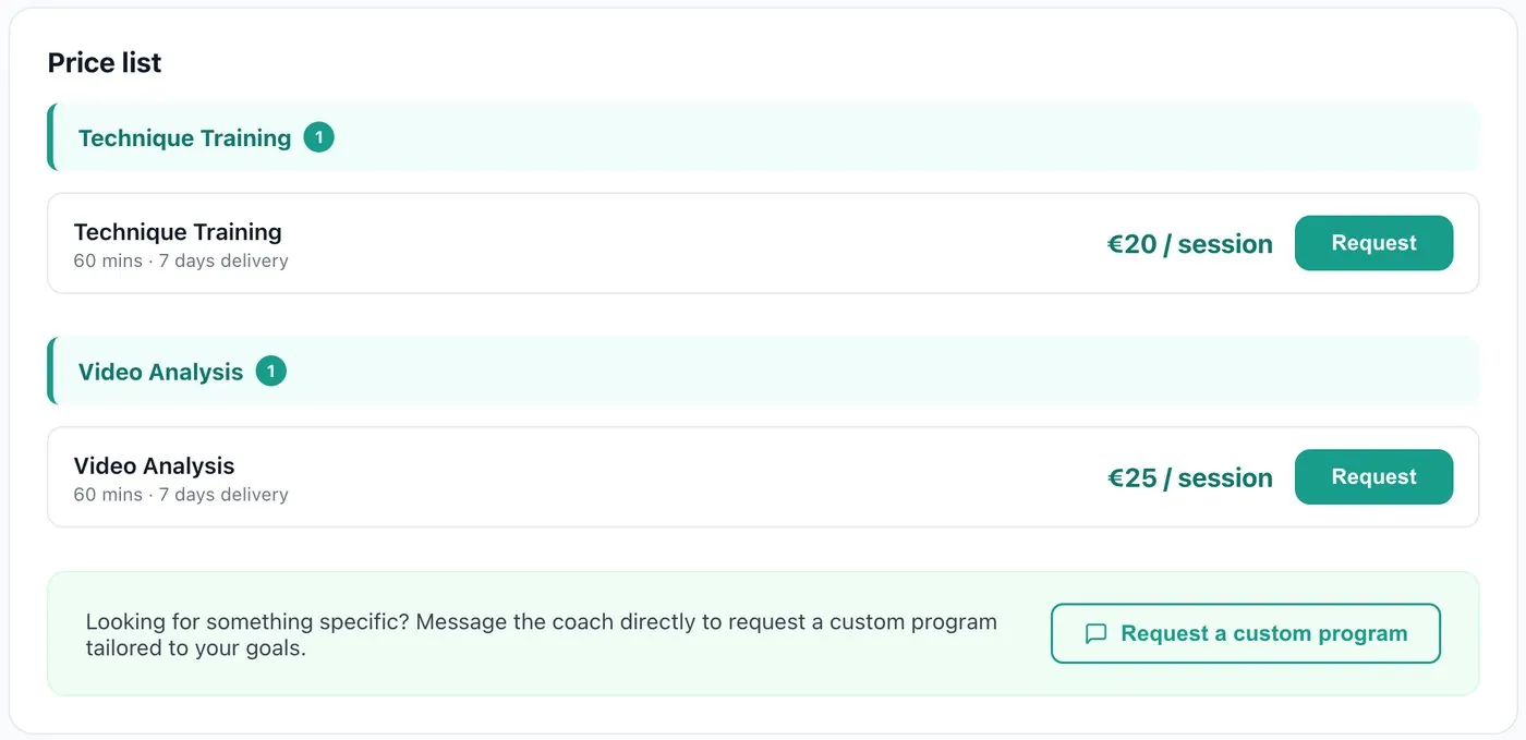 A coach's price list with two services, each priced per session.